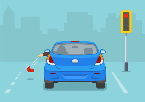 Back view of stopped car at traffic light. Driver throws out a used plastic cup on the ground from the front open window. Isolated flat vector illustration template.