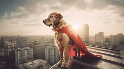 Superhelden Hund mit Cape, auf dem Dach über der Stadt , Generative AI