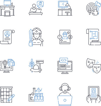 Programmer line icons collection. Debugging, Java, Coding, Python, Algorithms, Syntax, Syntax errors vector and linear illustration. C++,Development,Software outline signs set