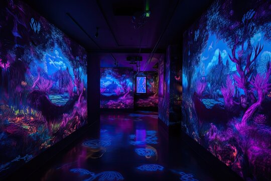 blacklight and uv-reactive masterpiece, featuring surrealistic scenes with hidden elements, created with generative ai