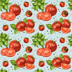 Seamless pattern with compositions of red tomatoes, cherry, peppercorns, bunches and basil leaves. Floral background for textiles, fabrics, wrapping paper and other designs. On a blue background