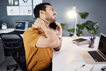 Business man, phone call and neck pain or tired at office desk with a laptop and depression. Asian...