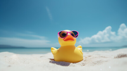 Fototapeta na wymiar Rubber duck with pink sunglasses at the beach with blue sunny sky. Vacation concept. Generative AI