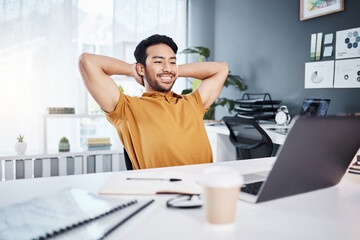 Office laptop, relax and happy man finished with social media research, creative web design or e...