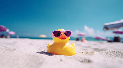 Rubber duck with pink sunglasses at the beach with blue sunny sky. Vacation concept. Generative AI - 594533286