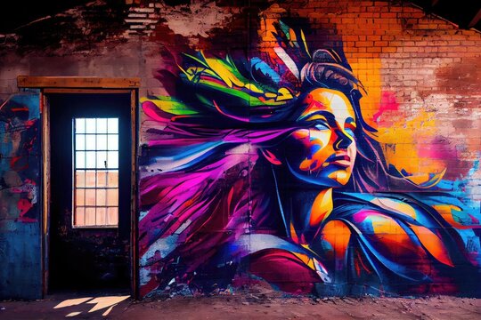 urban graffiti art with bright and vibrant colors on abandoned warehouse wall, created with generative ai