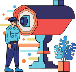 police with Security Camera illustration in doodle style