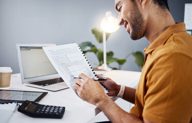 Finance, documents and calculator of business man with taxes, accounting and profit, revenue or...