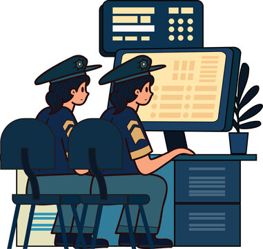 policeman and police station illustration in doodle style