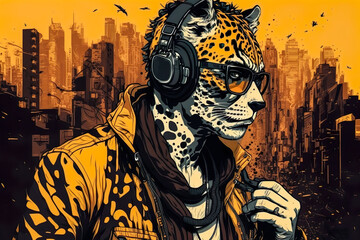 Obraz premium Watercolor Ocelot DJ Wearing Headphones And Glasses - Generative AI