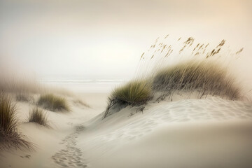 Sand Dune With Beach Grass And Foggy Shoreline - Generative AI