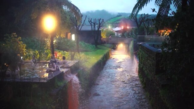 Termal bath relaxing spa in nature. Spa termas heatead water by volcano. People healing relaxing at spa.