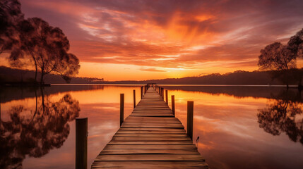 Fototapeta na wymiar The sunrise over a lake and dock
