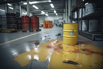 toxic chemical spill in a factory, with hazardous materials spilling onto the floor, created with generative ai - obrazy, fototapety, plakaty