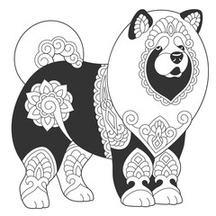Cute chow chow dog design. Animal coloring page with mandala and zentangle ornaments.
