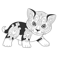 Cute cat design. Animal coloring page with mandala and zentangle ornaments.