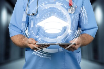 A doctor hand hold graduation hat image