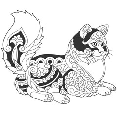 Cute turkish angora cat design. Animal coloring page with mandala and zentangle ornaments.