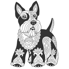 Cute scottish terrier dog design. Animal coloring page with mandala and zentangle ornaments.