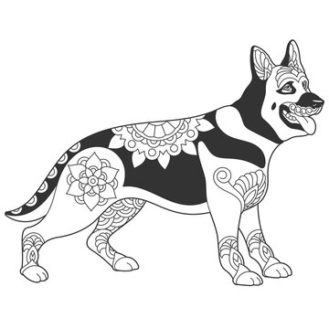 Cute german shepherd dog design. Animal coloring page with mandala and zentangle ornaments.