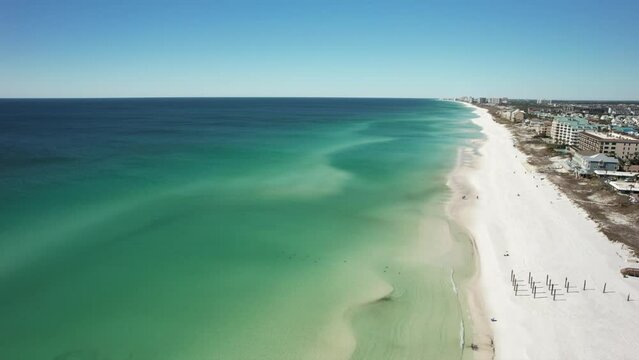 Astounding Aerial Shot Of Aqua Blue Water Of Beach In 30A Florida, United States. wide 