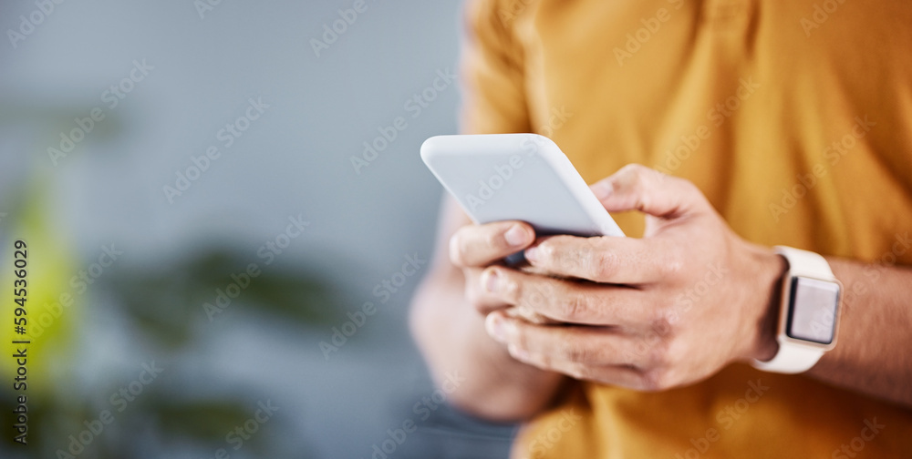 Poster phone, communication and hands of man typing, networking and search website, app or online social me