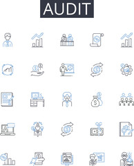 Audit line icons collection. Checkup, Verification, Inspection, Scrutiny, Examination, Review, Assessment vector and linear illustration. Appraisal,Analysis,Survey outline signs set