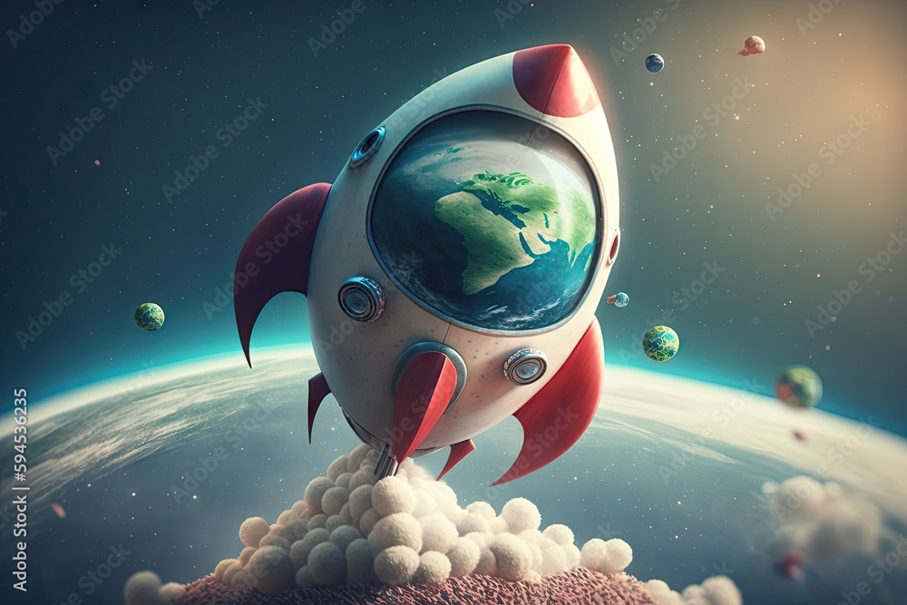 Sticker cute rocket with earth view, flying over planet and into space, created with generative ai