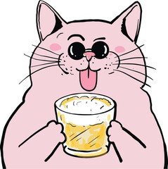 Cartoon pink cat wearing dark glasses drinking cold beer