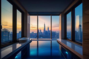Room with a pool with a great view of the big city, Generative AI