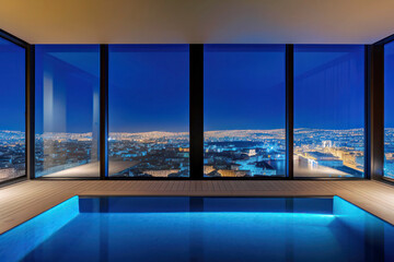 A room with a pool with a night view of the big city, Generative AI