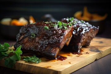 sous-vide-cooked short ribs, slow cooked to tender perfection and topped with a tangy bbq sauce, created with generative ai - obrazy, fototapety, plakaty
