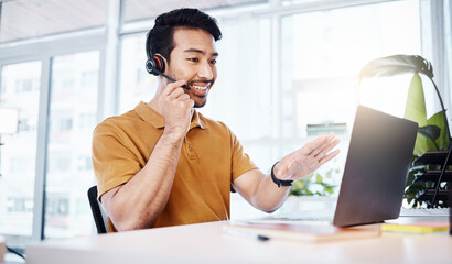 Customer service, laptop and happy business man talking on contact us, telemarketing or online...
