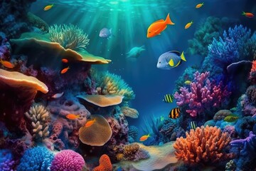 Naklejka na ściany i meble underwater coral reef full of sea creatures . AI generative