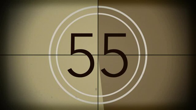 60 seconds (1 minute) vintage film countdown on faded brown, grunge film frame background. Old retro wipe rolling effect. Scratches, details and noise. Dusty and grainy feel. 4K motion graphics.