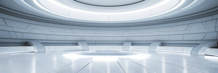 Sci-fi style room. Circular room with illuminated center circle section. dark interior, white illumination. wide format. Generative AI. 