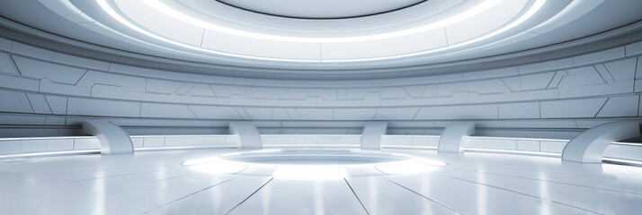 Obraz premium Sci-fi style room. Circular room with illuminated center circle section. dark interior, white illumination. wide format. Generative AI. 