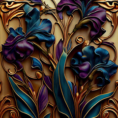 Irises in Art Nouveau style. Imitation of an old stained glass window. Generative AI.