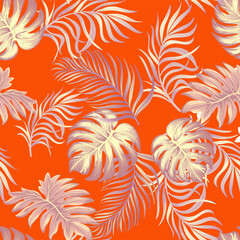 Fototapeta na wymiar Green tropical palm leaves seamless vector pattern on the black background.Trendy summer print. 