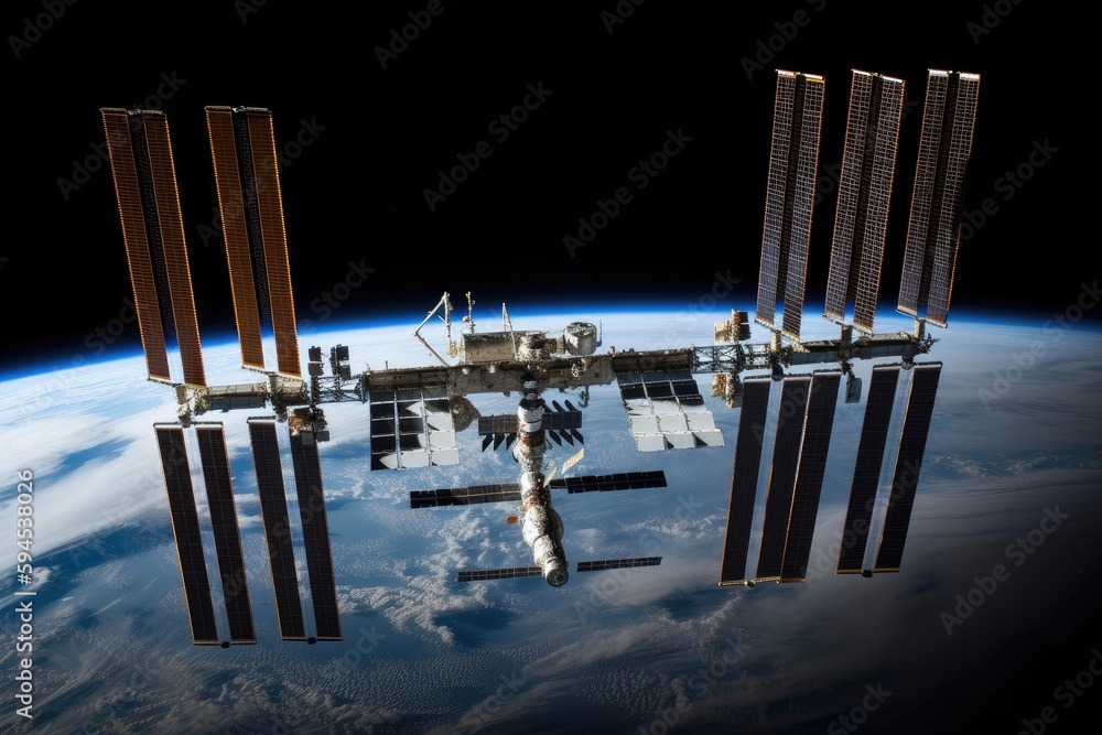 Wall mural a space station, with the vastness of space visible in the background, created with generative ai