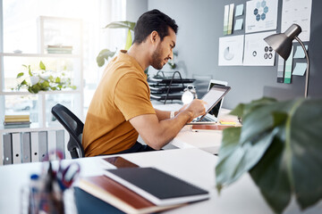Tablet, office project and business man typing, scroll or monitor customer experience statistics,...