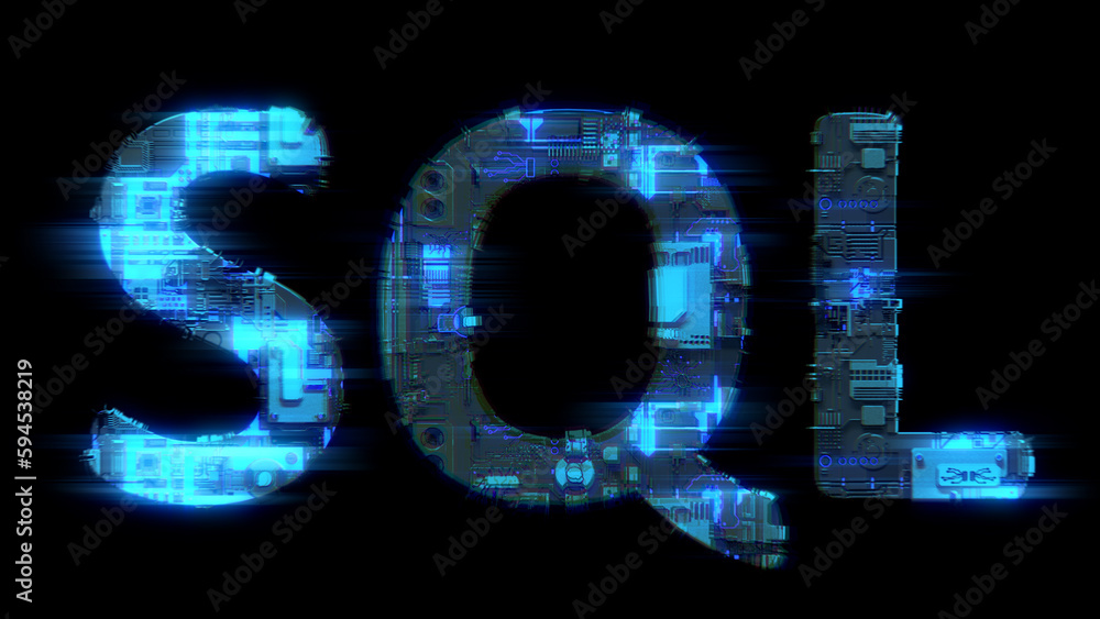 Poster bokeh glitch electrical light cybernetic blue text sql, isolated - object 3d rendering