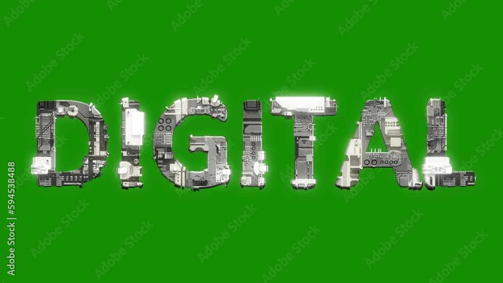 Poster silver grey cybernetic text digital with animation on chroma key screen, isolated - loop video