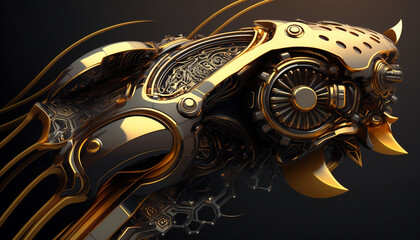 Biomechanical robotic element of the golden robot. Generated AI