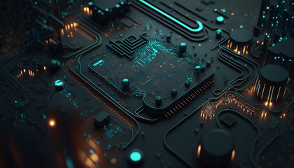 Fototapeta premium Close-up of black circuit board a computer with neon lights. Generated AI