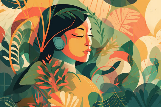 Beautiful Mulatto Woman With Closed Eyes Enjoying Tranquility And Nature, Flat Illustration. Femininity, Female Beauty, Confidence, Harmony Art Concept. Generative AI