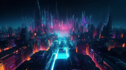 Technology city road with neon line, Generative AI
