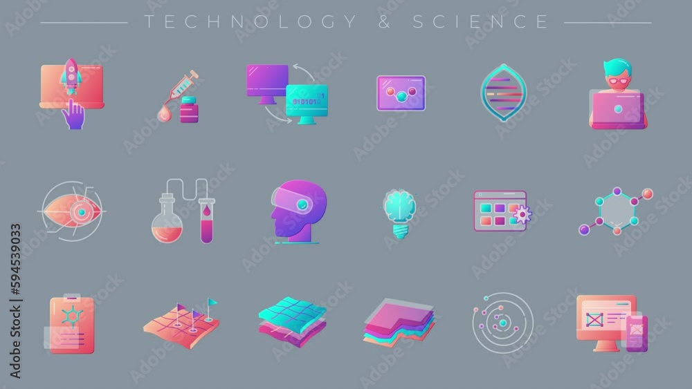 Poster animated line icons on technology and science theme.