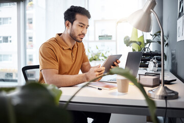 Tablet, analysis and business man reading email article, online media blog or social network...