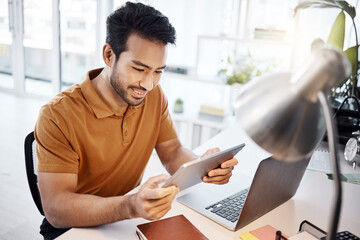 Tablet, business research and happy man reading UX design, app development or information. SEO...